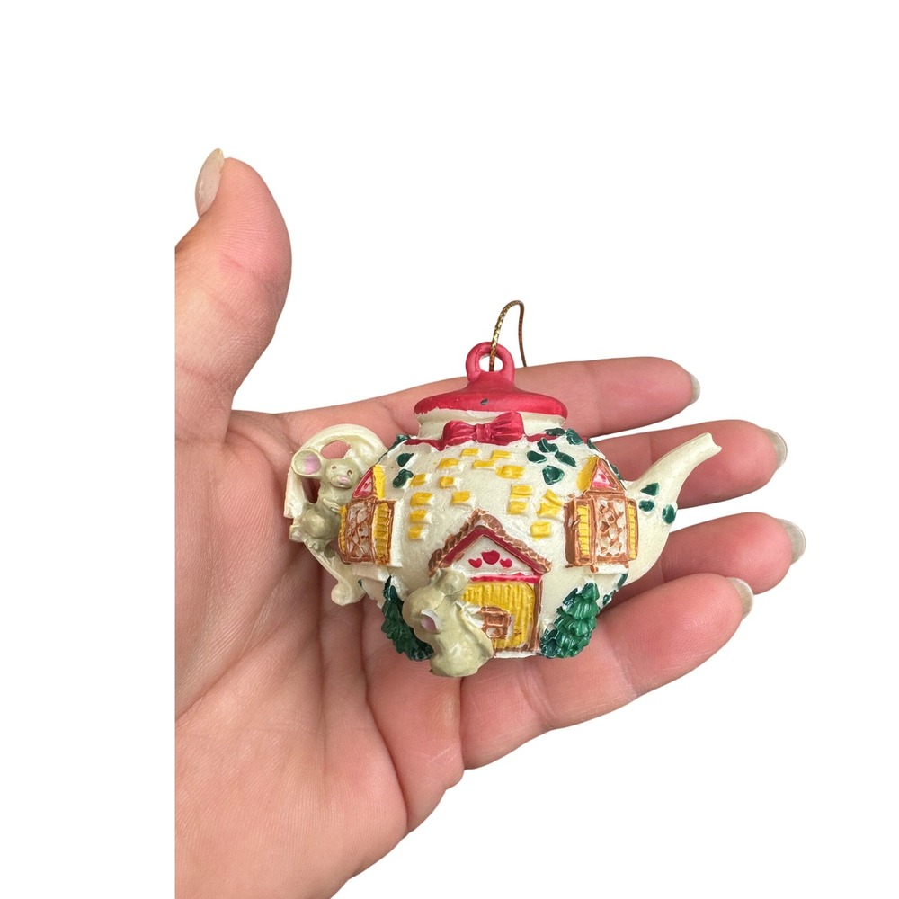 Enesco 1990 Holiday Tea Toast Tiny Teapot Ornament Mice Christmas Vintage 694770